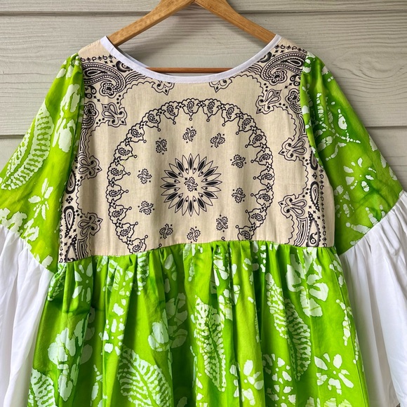 Handmade Wide Sleeves Maxi Bandana Dress SKU 11091 Green White - Picture 15 of 16